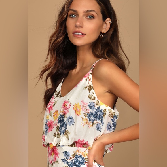 Lulus NWT Bouquet of Blooms Ivory Floral Print Clip Dot Mini Dress Size Small - Picture 3 of 16